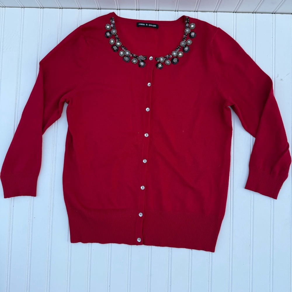 Cable & Gauge Ruby Red Cardigan with Jewel Neckline